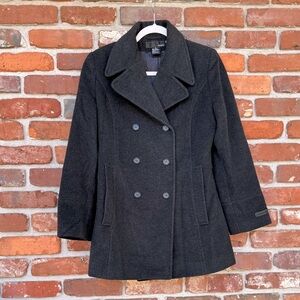 Hennes Cashmere Wool Vintage Charcoal Gray Lined Pockets Button Up Peacoat 38 8